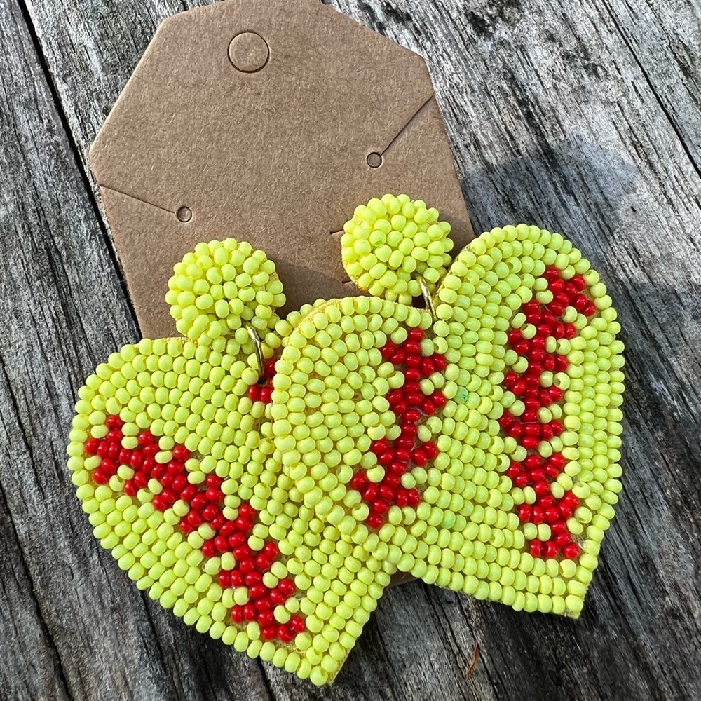 Beaded Heart Earrings in Yellow and Red